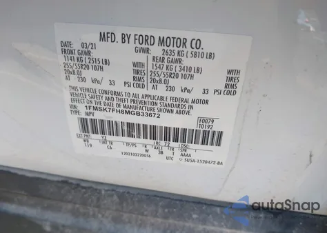 2021 Ford Explorer Limited z USA, uszkodzony, nr VIN 1FMSK7FH8MGB33672